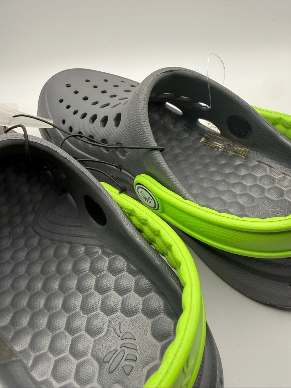 Joybees Crocs Kids Gray Clogs with Bright Green Heel Strap